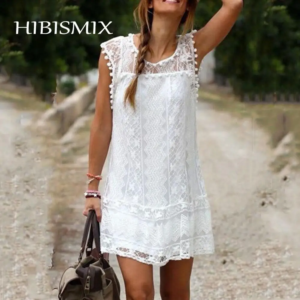 HIBISMIX 2019 модное летнее женское белое мини платье плюс размер кружевные женские