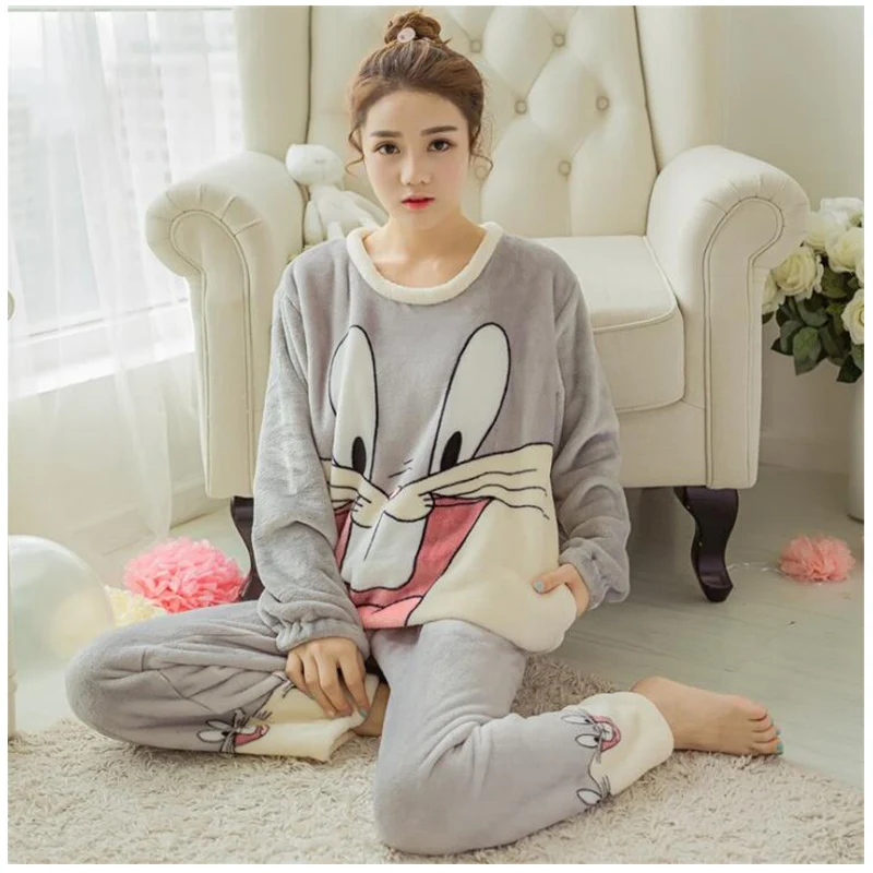 Женские Фланелевые пижамы с длинным рукавом и принтом кролика повседневные