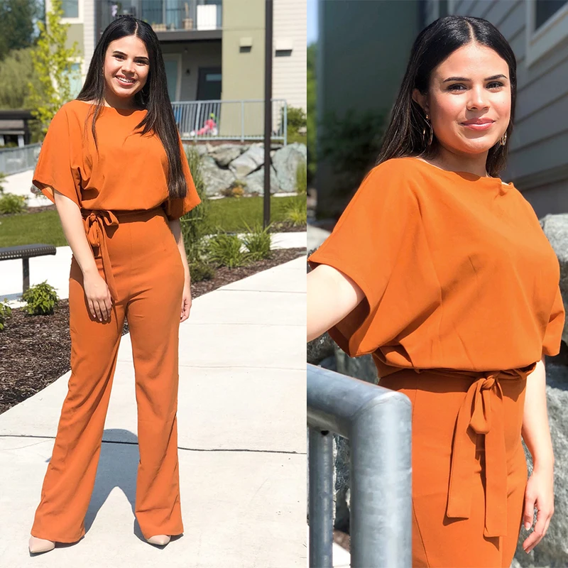 

SEBOWEL Black Belted Wide Leg Jumpsuit 2019 Summer Women Solid Short Sleeve Rompers Female Elegant Office Lady Wide Leg Pants
