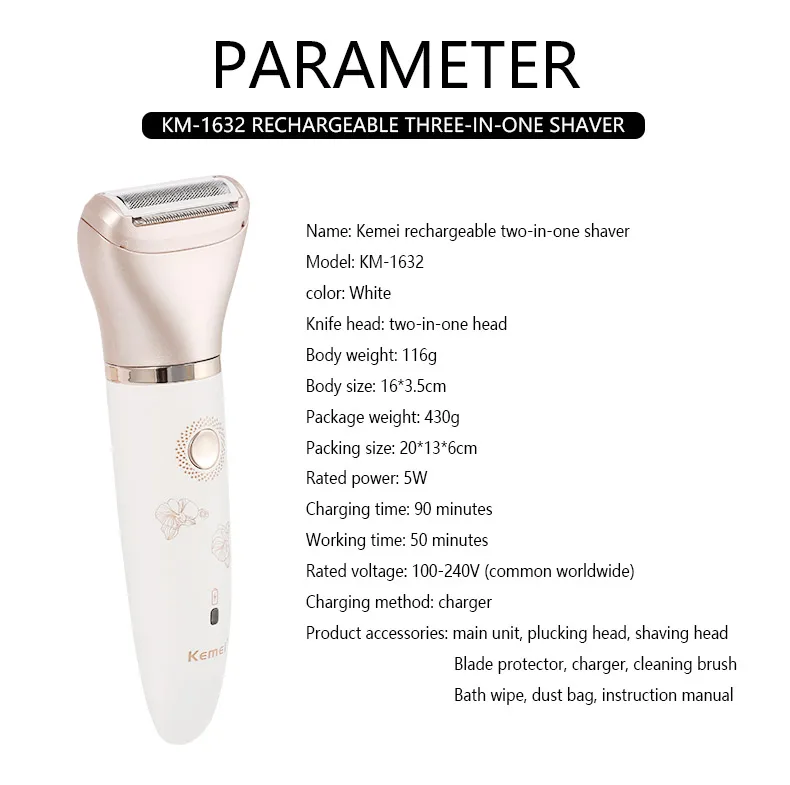 Kemei-1632 2 In 1 Women Electric Epilator Rechargeable Lady Shaver Depilation Machine Hair Removal Trimmer Epilator For Bikini