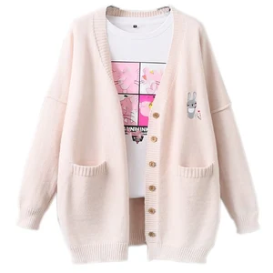 Женский кашемировый свитер Kawaii Rabbit, джемпер с длинным рукавом и вышивкой в виде кролика, теплый вязаный кардиган большого размера в Корейском стиле