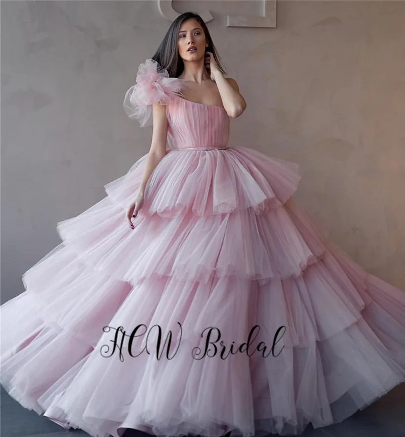

Luxury Pink Ball Gown Formal Evening Dress Custom Made One Shoulder Tiered Tulle Long Prom Gowns For Party Robe De Soiree