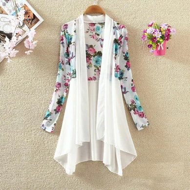 kimono cardigan Шифоновый кардиган, кимоно, Цветочный Топ, летний кардиган, женский, бохо, белая рубашка, пэчворк, Ретро стиль, асимметричный,, Корейская одежда, новинка - Цвет: kimono cardigan