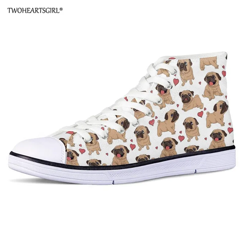 Twoheartsgirl Hippies Pug Women Lace up Canvas Shoes High-top Comfortable Vulcanized Students High Quality Sneakers | Обувь