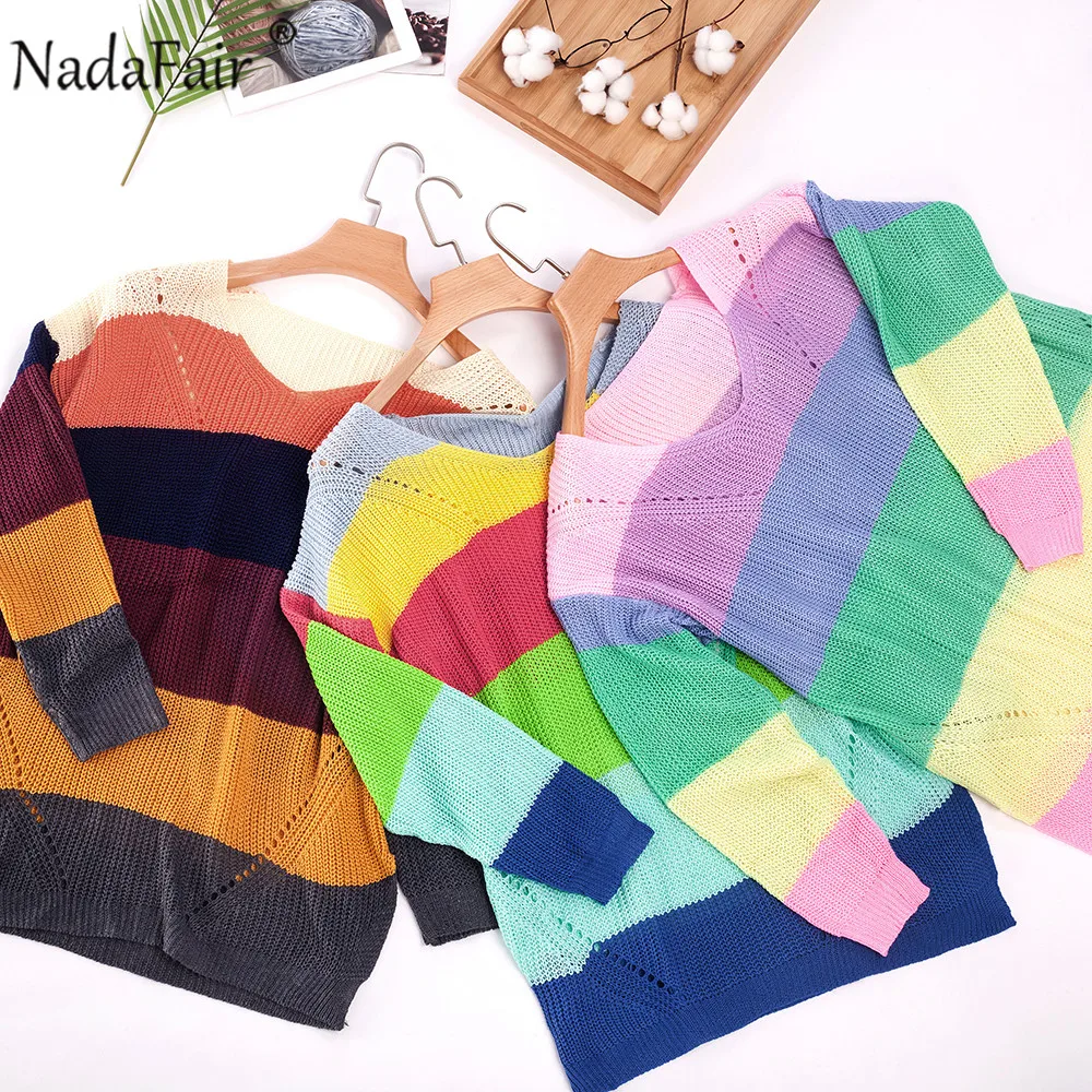 Nadafair Oversized Rainbow Knitted Sweater Women Pullover Loose Casual Winter Plus Size 2019 Autumn Jumper Pull Femme | Женская одежда