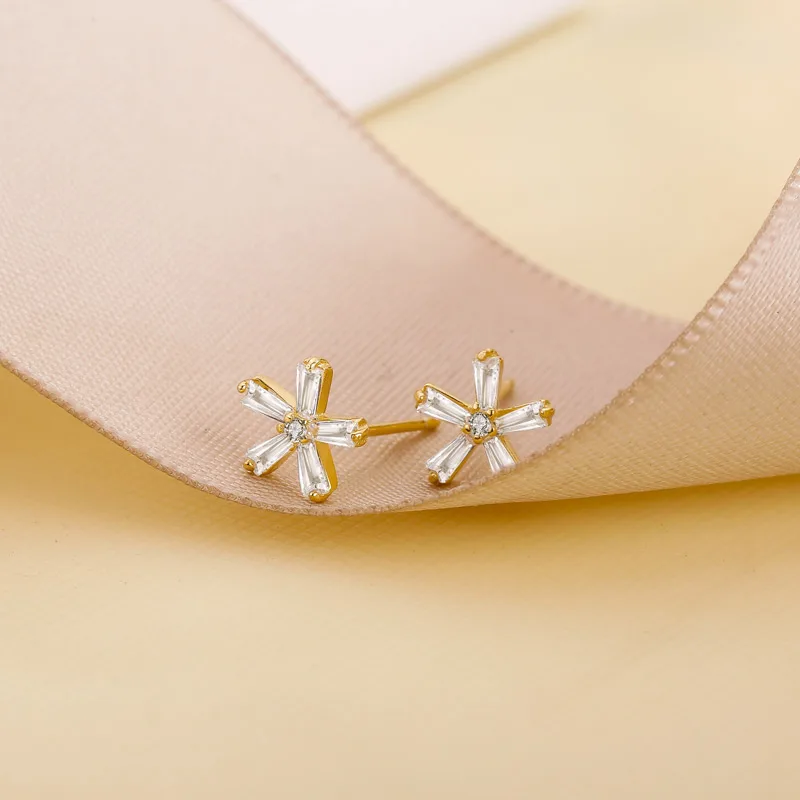 SA SILVERAGE 925 Sterling Silver Flower Stud Earrings For Women Gemstone 18K Gold Color | Украшения и аксессуары