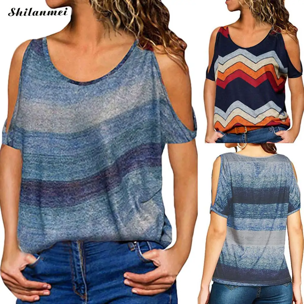 

Women Summer T Shirts 2019 Casual T-Shirt Sexy Off Shoulder Tops Batwing Short Sleeve Hollow Striped O-Neck Lady Loose Tops Tees