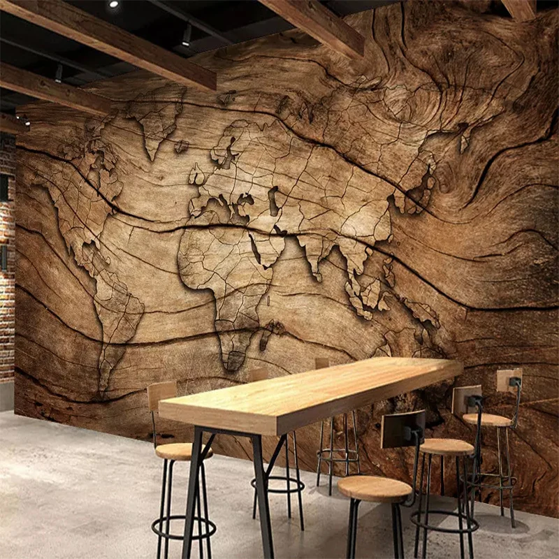 

Retro Wood Grain World Map Back 3D Mural Wallpaper Living Room Dining Room Creative Background Wall Cloth Retro Wall Cloth Roll