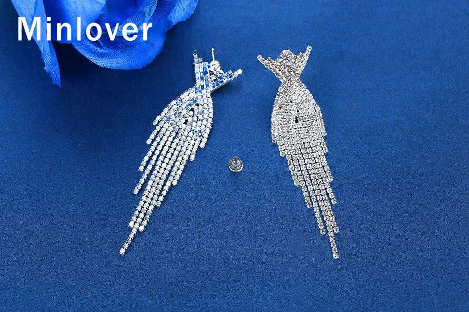 Minlover серебряный цвет большой кисточкой кулон серьги для невесты для женщин горный хрусталь Эффектные серьги с подвесами ювелирные изделия MEH1175