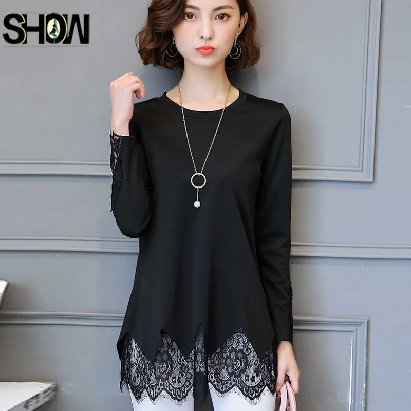 Winter Basic Shirts Blouses Hot Sales Women Fashion Long Sleeve Patchwork Hollow Out Top Pink Black Lace Tunic Blouse 3712 |