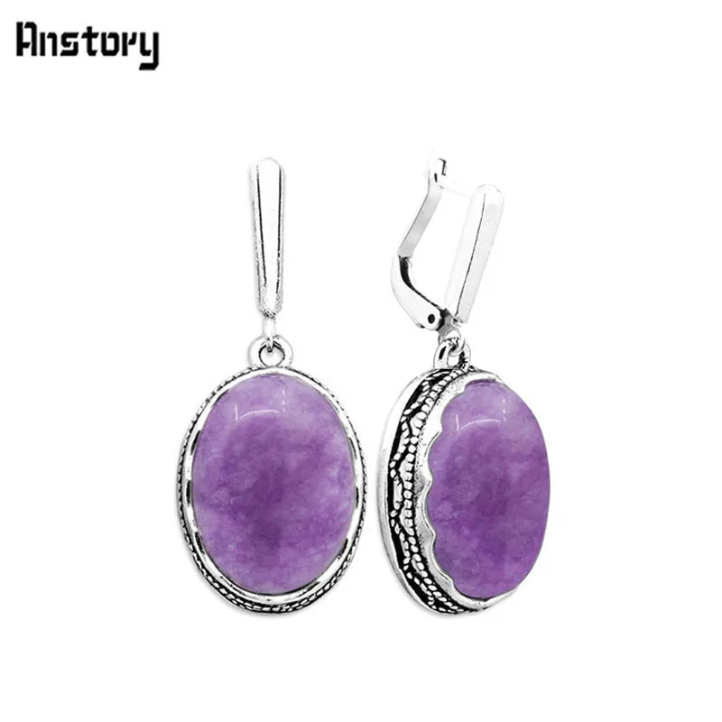 Earrings Овальный Природный Фиолетовый Камень Цепочки и ожерелья Серьги комплект ювелирных изделий для Для женщин Античный Посеребренная цветок подвеска Нержавеющая сталь цепи - Окраска металла: Earrings