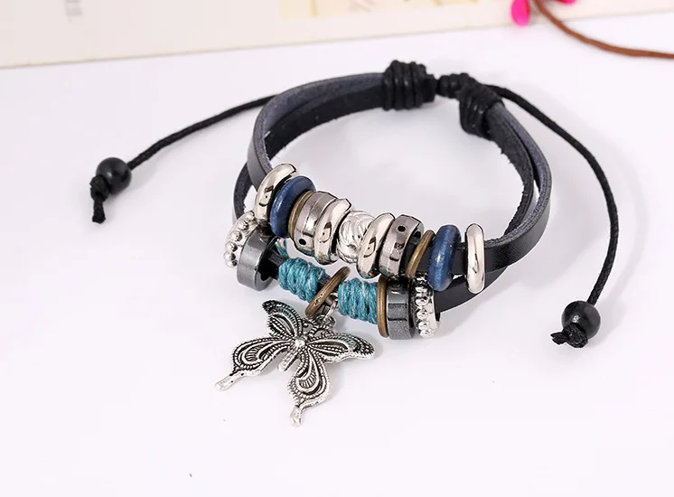 Модные кожаные браслеты с бабочками для женщин ювелирные изделия Boho плетеный