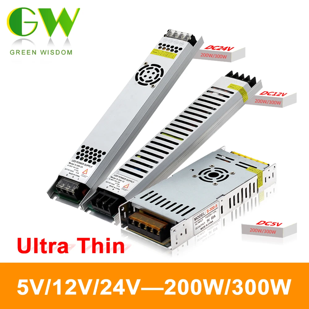Ультра тонкий светодиодный Питание DC 5 V/12 V/24 V LED трансформаторы 200W 300W AC190-240V драйвер для Светодиодный полоски