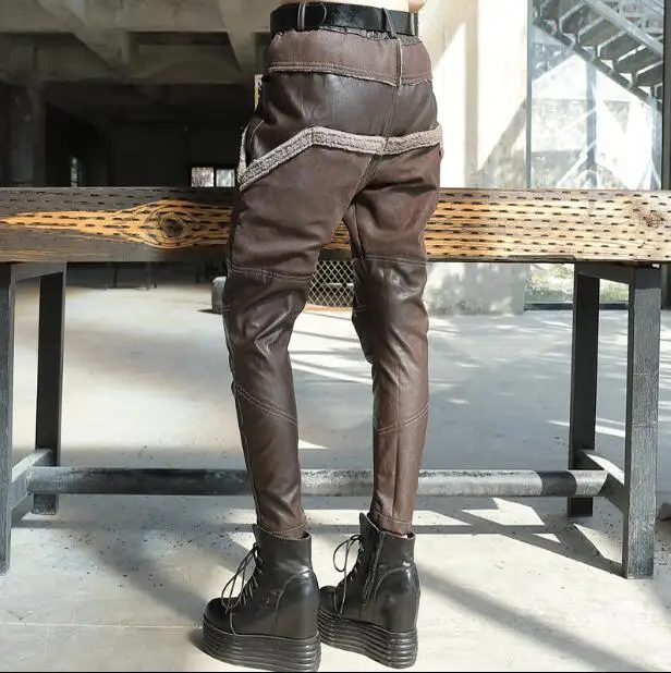 2020 winter women's new suede wash leather stitching harem pants trousers feet pants leather pants tide