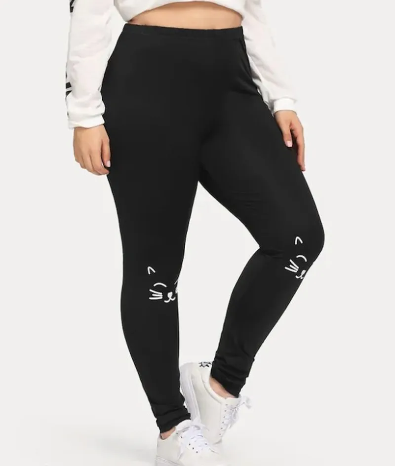 Новинка, повседневные весенне-летние XL-5XL больших размеров, женские черные леггинсы с принтом кота, узкие брюки до щиколотки, H19031502