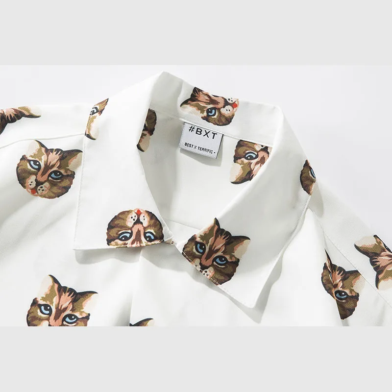 Cat Print Funny Men Shirt Long Sleeve Loose Blouse Button Up Woven Top | Мужская одежда