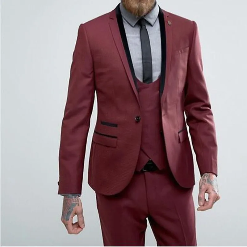 One Button Burgundy Men Suit 2017 single Breasted Slim 3 Pieces Wedding Suits For Men Custom Made Groom men suits Tuxedos Blazer