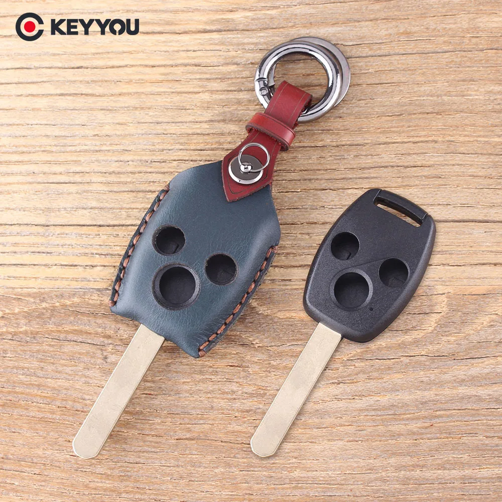 

KEYYOU Leather 3 Buttons Key Shell Key Cover Fob For Honda Accord Insight CRV Civic Odyssey Pilot Ridgeline Car Key Case
