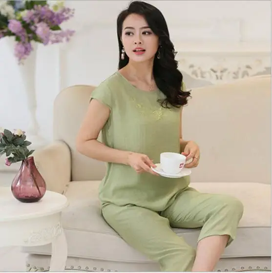 XL, XXL, 3XL, летняя Новинка, женские пижамы размера плюс, комплект одежды для сна, пижама с коротким рукавом для женщин, комплекты пижам из хлопка и льна, Q525