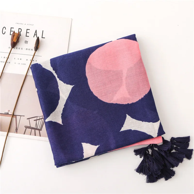 KYQIAO women luxury brand scarf female autumn spring SPAIN STYLE vintage long blue dots circle pattern head cape |