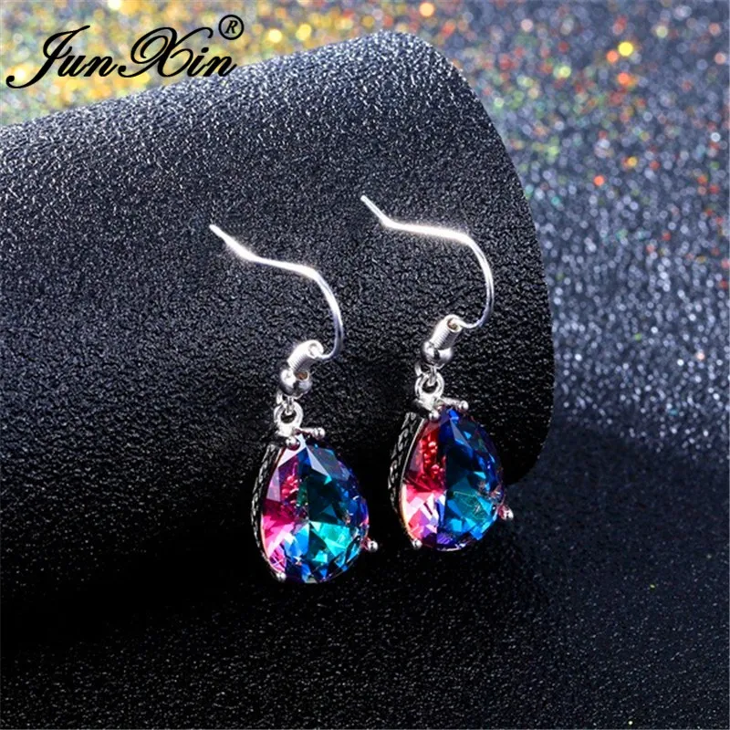 Женские серьги подвески JUNXIN Mystic Fire Stone Серьги серебряного цвета с австрийским