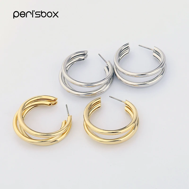 Серьги Peri'sBox золотистого и серебряного цвета с несколькими кольцами для женщин, простые три круга, серьги-кольца, богемные геометрические круглые серьги