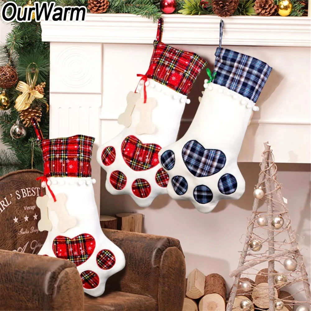 OurWarm Plaid Christmas Stocking New Year Gift Bag for Pet Dog Cat Goods Xmas Tree Hanging Ornaments navidad 2018 | Дом и сад