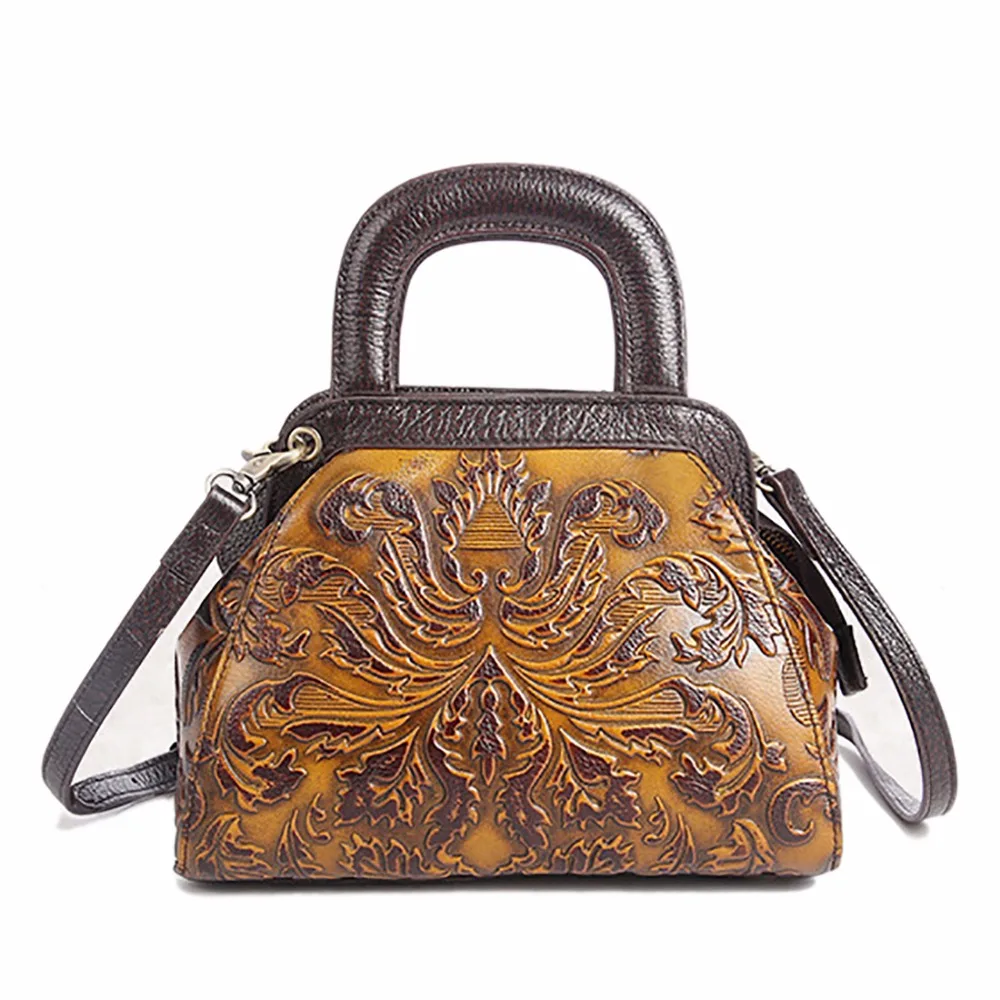 Сумка-тоут женская из натуральной кожи мессенджер воловьей с тиснением саквояж