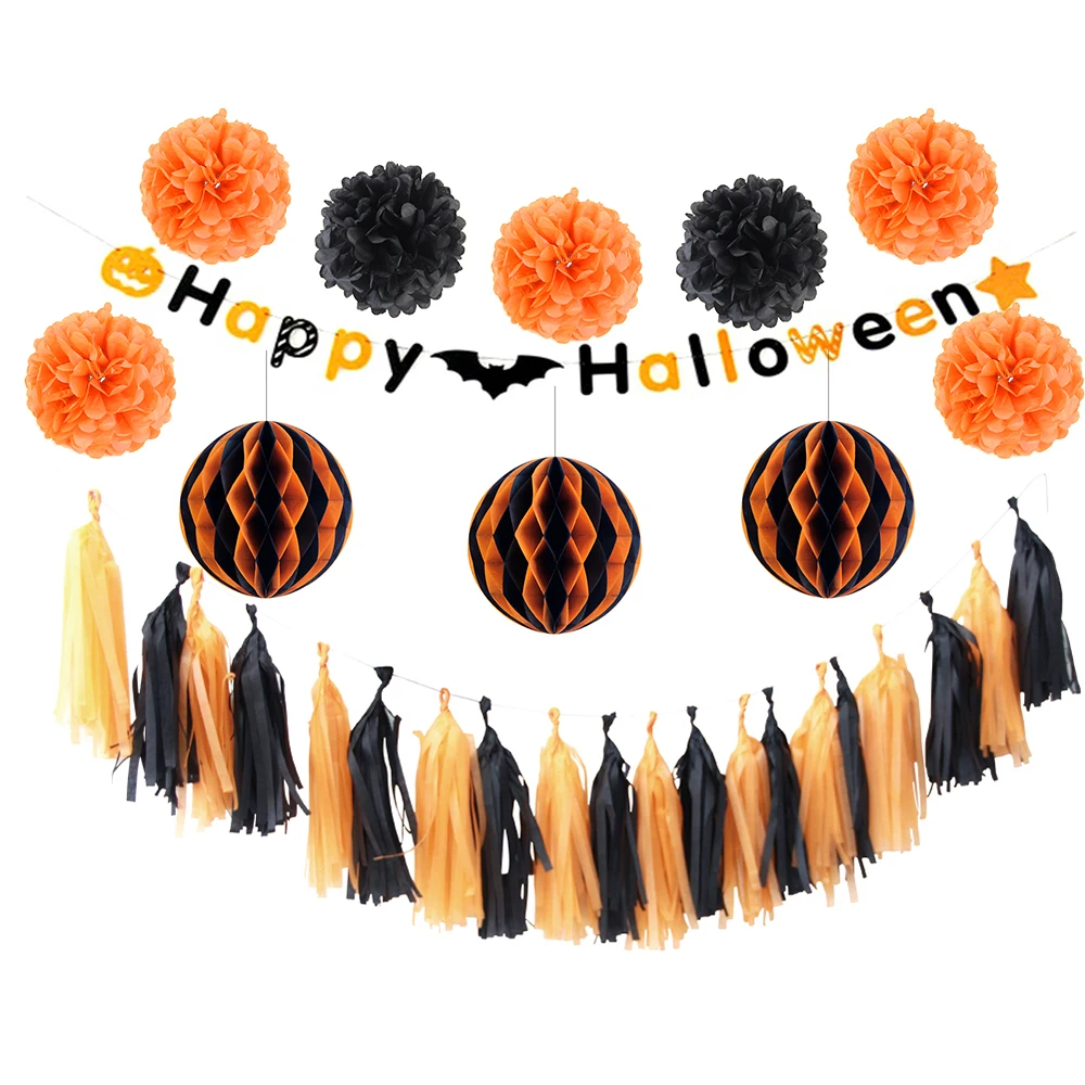 Sunbeauty 12pcs Halloween Decorations DIY Party Decoration Honeycomb Ball Decor pom poms Supplier Happy Banners | Дом и сад