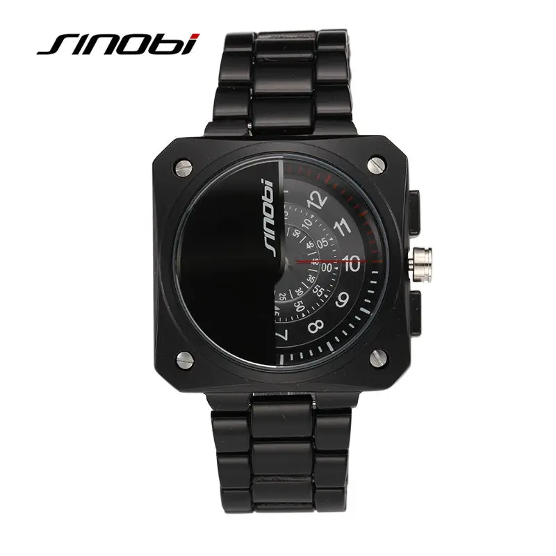 SINOBI Мужские Часы Две Вертушки Черный Квадрат Бизнес Кварцевые часы Вольфрама