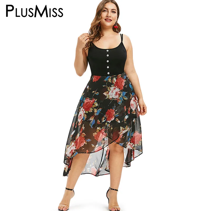 PlusMiss размера плюс 5XL с цветочным принтом шифоновое платье на бретельках Женские