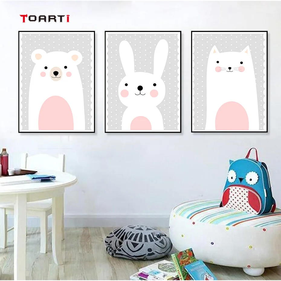 Kawaii Bear Rabbit настенная живопись на холсте милые животные мультфильм принты для