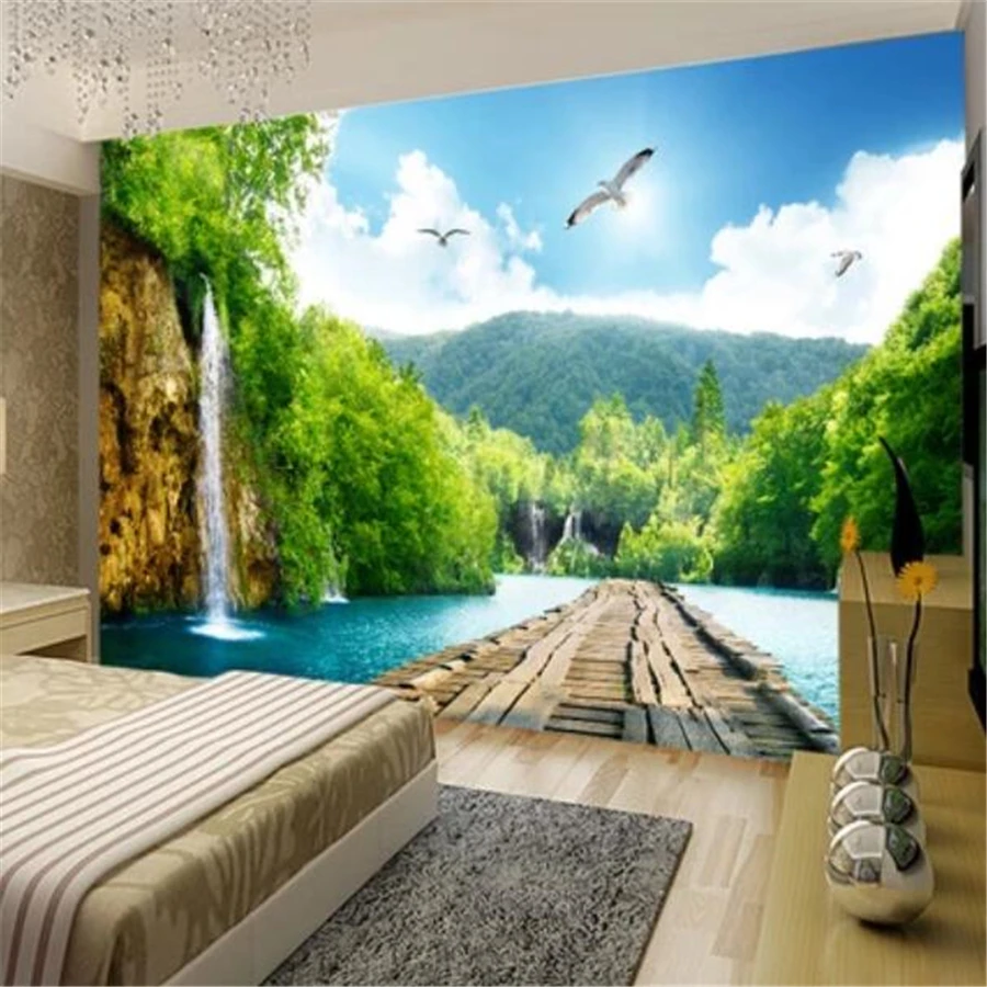 Обои на заказ 3D стерео фрески пейзаж водопад деревянный мост фон настенная