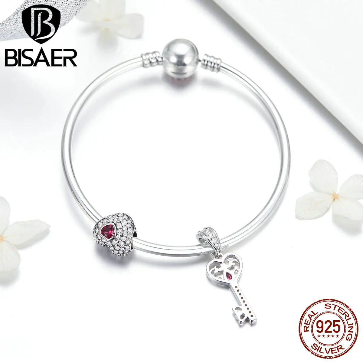 BISAER, брелоки в виде ключа сердца, браслеты, 925 пробы, Серебряное сердце, бусины, подвеска в виде ключа любви, бусины, браслет, браслет, режим Jonc GXB817