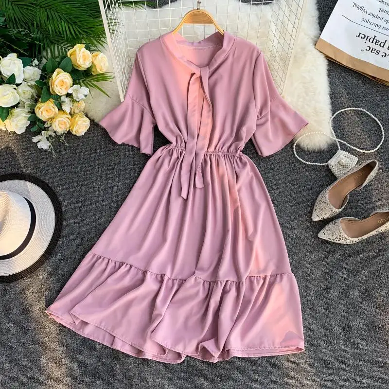 FTLZZ 2020 Новое Женское милое платье с оборками летнее расклешенным рукавом и бантом