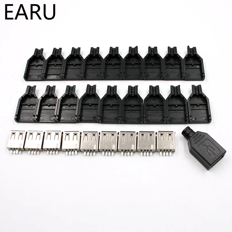 10 шт. 4 контактный разъем типа A с черным пластиковым покрытием USB 2 0