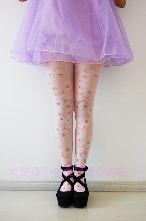 

Princess sweet lolita tights Harajuku soft amo cute pink cat head printed tights velvet pantyhose cat tattoo tights cat01