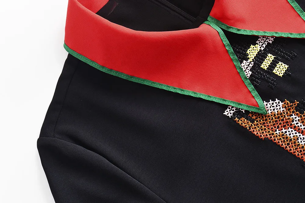 2018 летнее подиумное платье черное с вышивкой и короткими рукавами