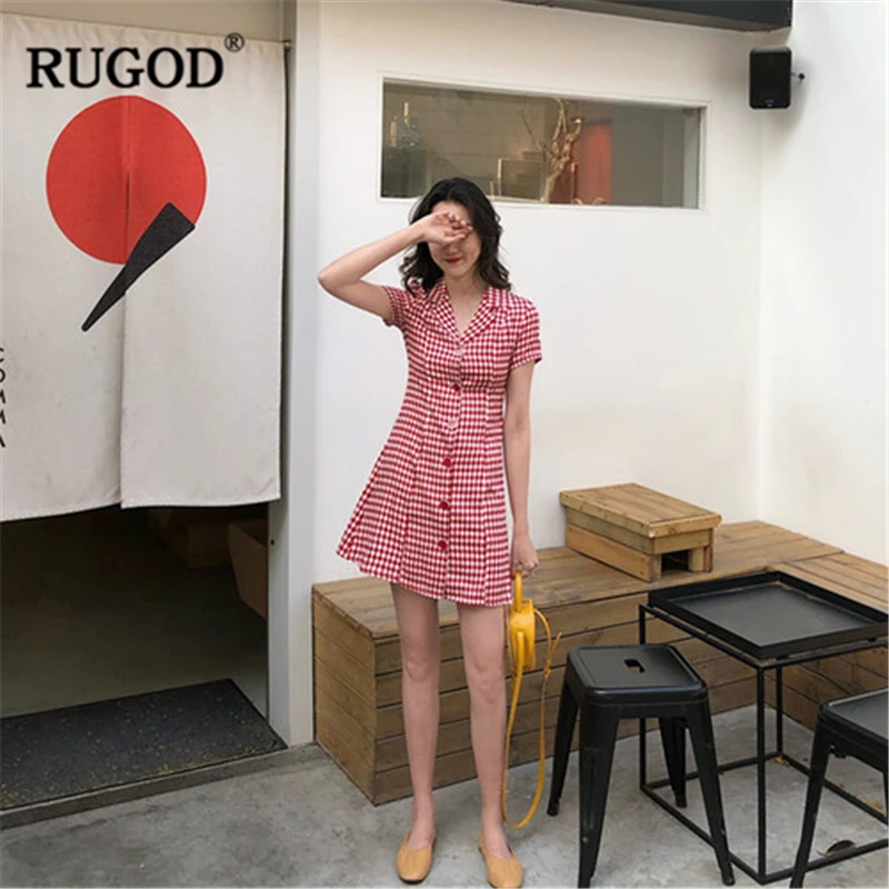 Женское клетчатое мини платье RUGOD однобортное облегающее Повседневное