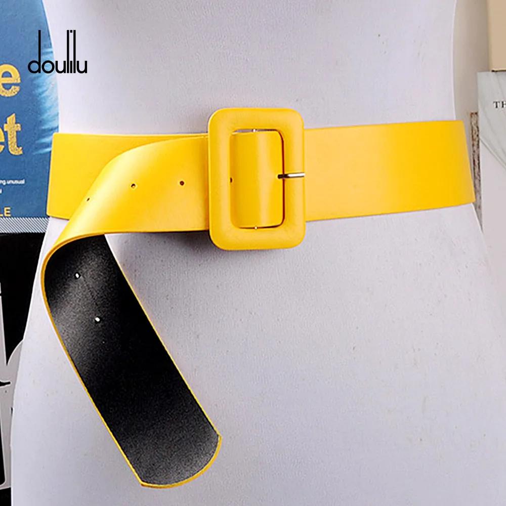 

2018 wide strap Female belt PU dress canonicals Unique Smooth buckle Men women's Belt yellow Length 105cm