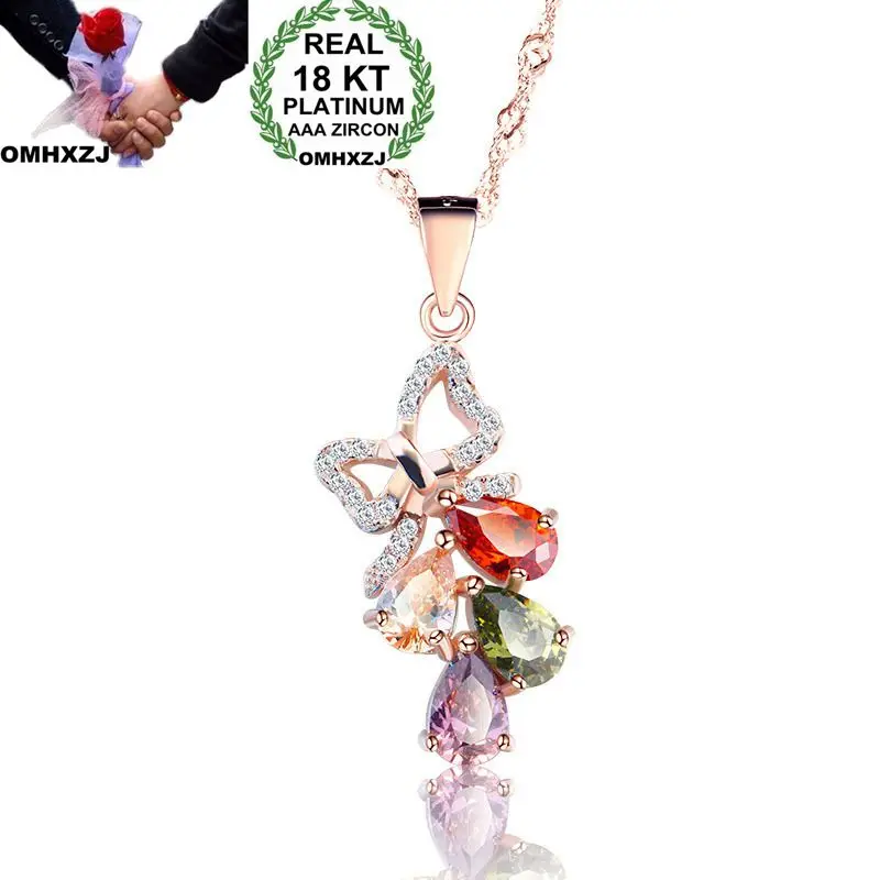

OMHXZJ Wholesale European Fashion Woman Girl Party Wedding Gift Colorful AAA Zircon 18KT Rose Gold Necklace Pendant Charm CA206