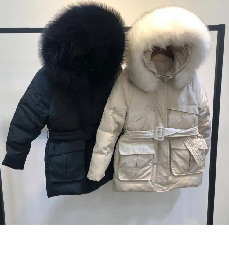 S-XL, плюс размер, Новое поступление, большой натуральный меховой воротник, с капюшоном, белый утиный пух, пальто для женщин, зима, большой карман, толстый, длинный, теплый пуховик
