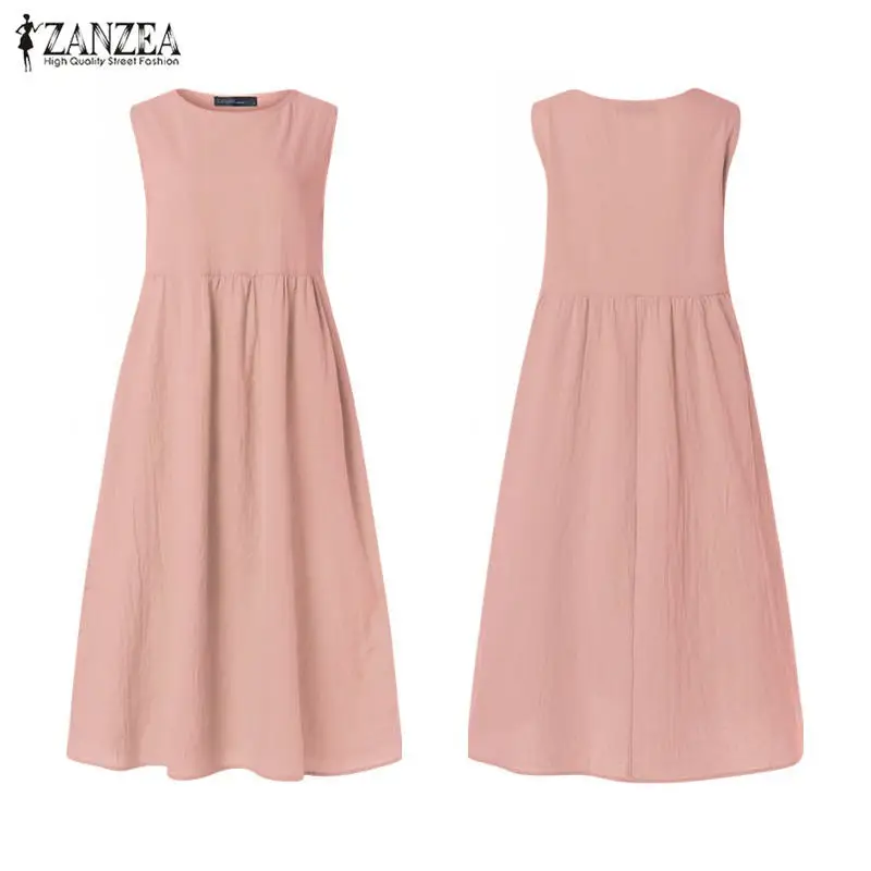 Sleeveless Pink Женский льняной сарафан ZANZEA размера плюс летнее платье миди Повседневная рубашка с коротким рукавом с высокой талией плиссированное платье Femme - Цвет: Sleeveless Pink