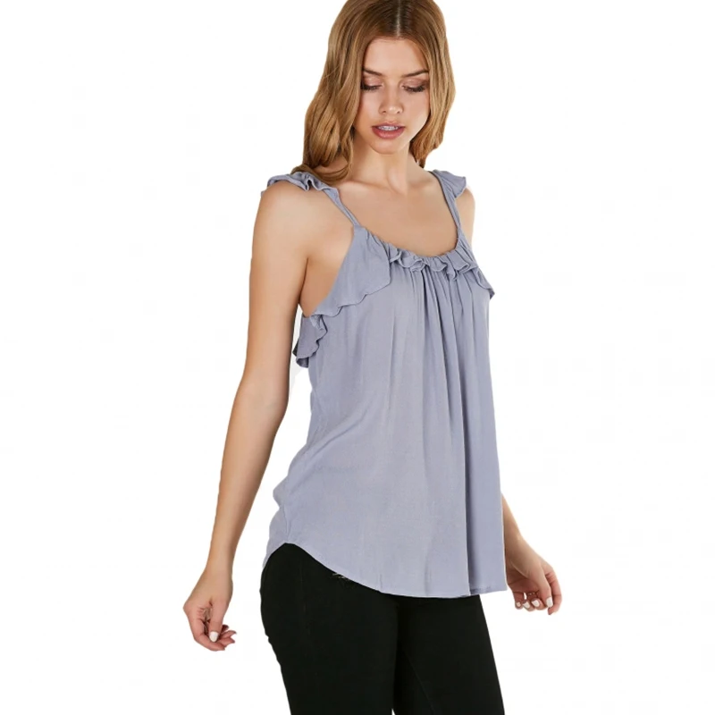 HDY Haoduoyi 2020 Fashion Sweet Ruffles Patchwork Women Tank Backless O-neck Brief Lady Tops Casual Purple Female Summer T-shirt | Женская