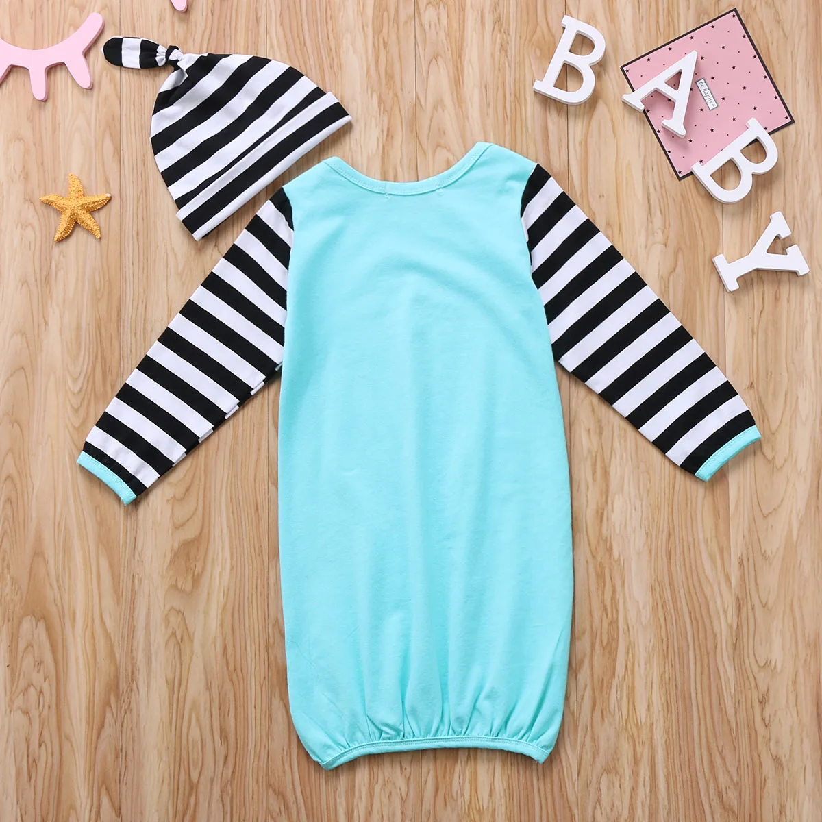 

Infant Baby Girl Sleeping Pajama Robes Cute Casual Striped Letter Print Sleeping Bag Headband Autumn Clothes Set
