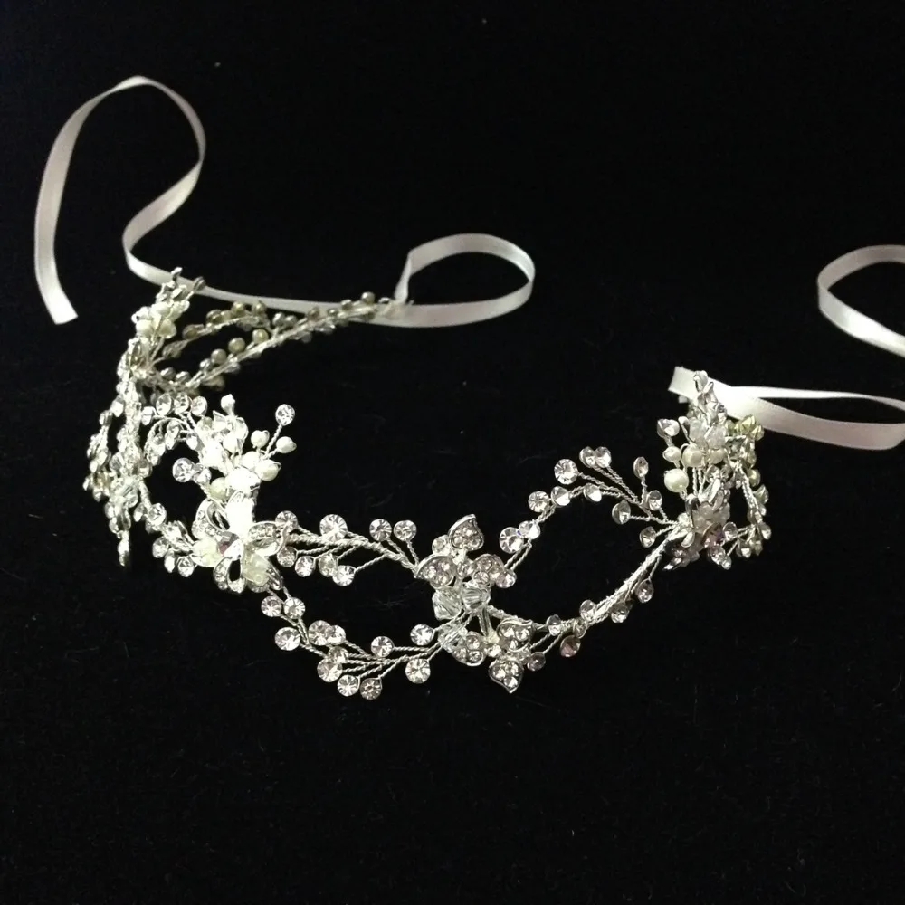 6 шт./лот Кристалл атласная лента волос лоза свадебная корона цветочный горный