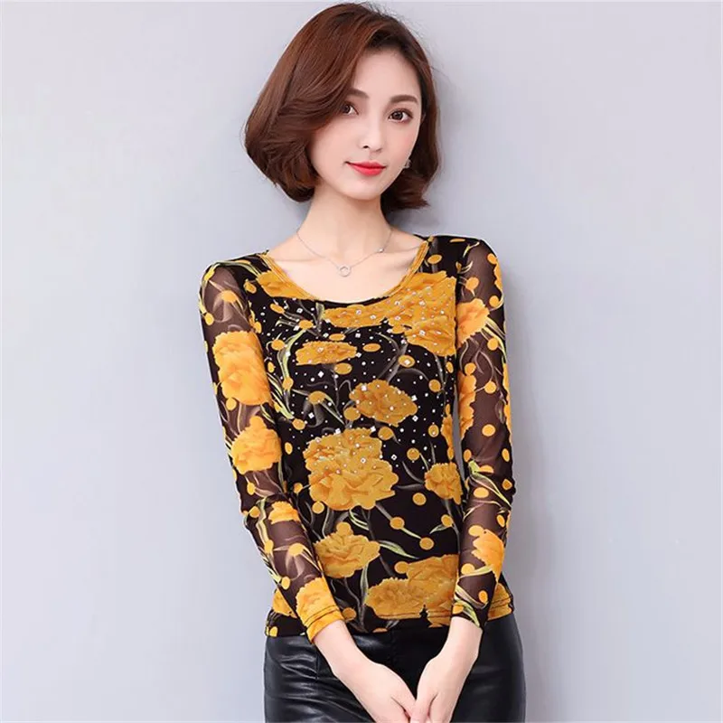 Женская футболка с ромбовидной сеткой Осенняя новая длинными рукавами и принтом