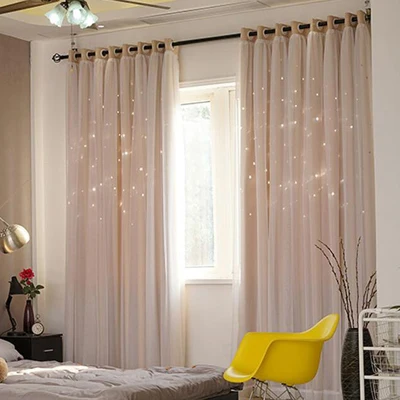 Beige Однотонный комплект с полой звездой, затемненные шторы с белыми прозрачными коричневыми серыми розовыми зелеными шторами+ вуаль для спальни - Цвет: Beige
