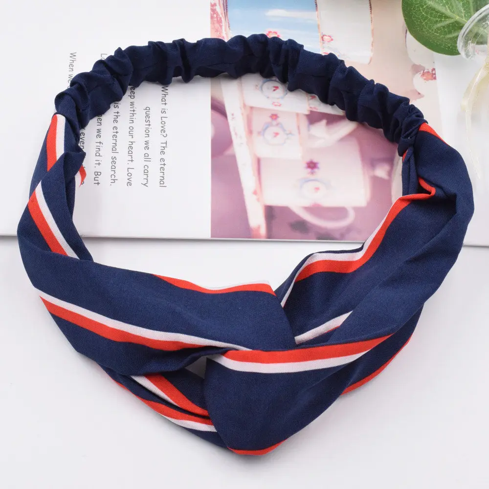 Navy Blue Striped Полосатый ободок в горошек для женщин, винтажная эластичная резинка для волос, тюрбан, головной убор, классический креативный крест, головной убор, аксессуары для волос для девушек - Цвет: Navy Blue Striped