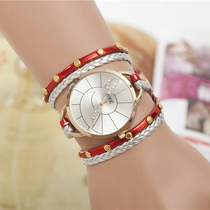 Алмазный Женские Платья Часы Мода Кварцевые Наручные Золото Weave Кожаный Ремешок